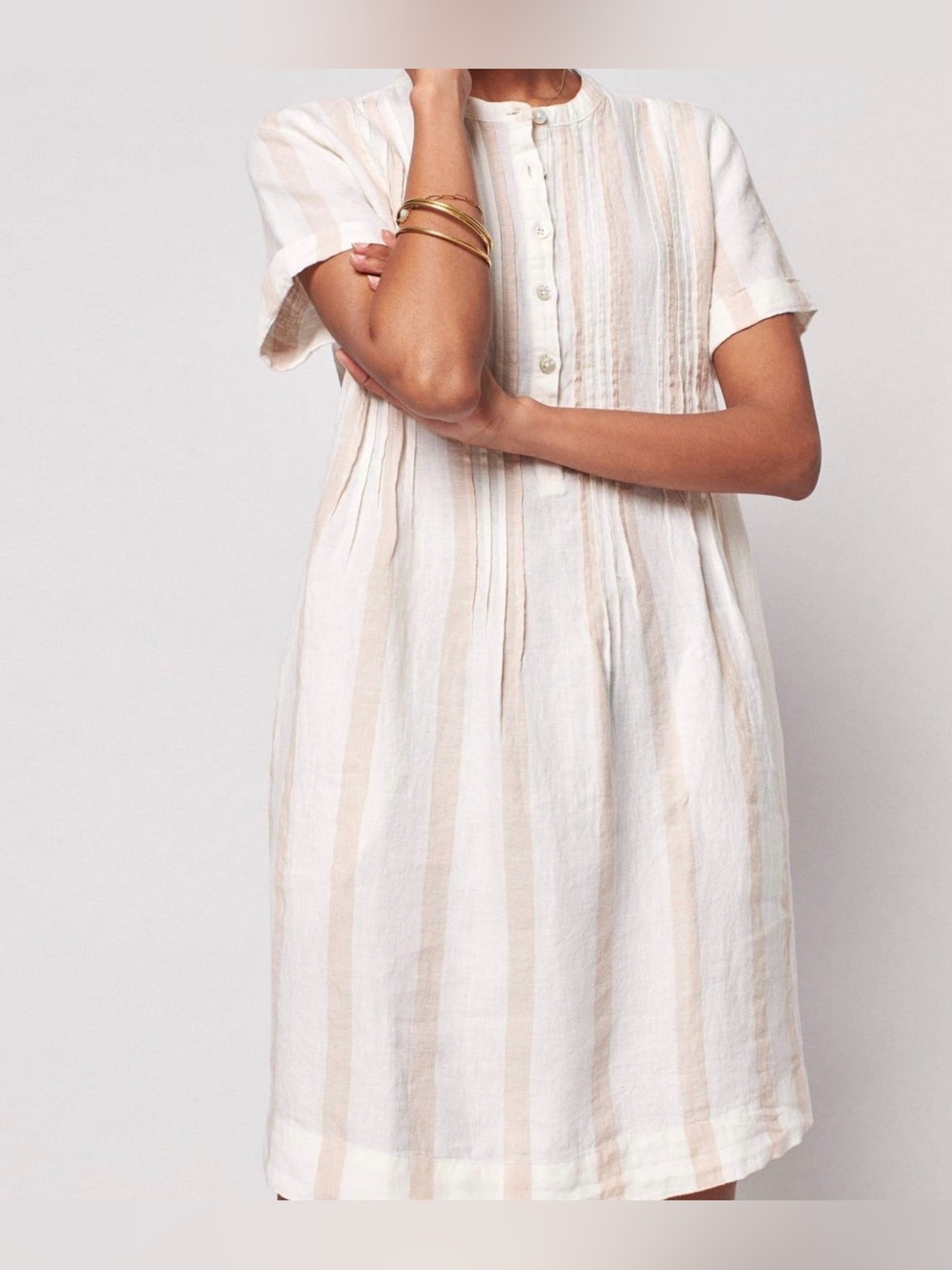 Faherty Gemina Pintuck Linen White Tan Stripes Summer Vacation party Dress Sz M